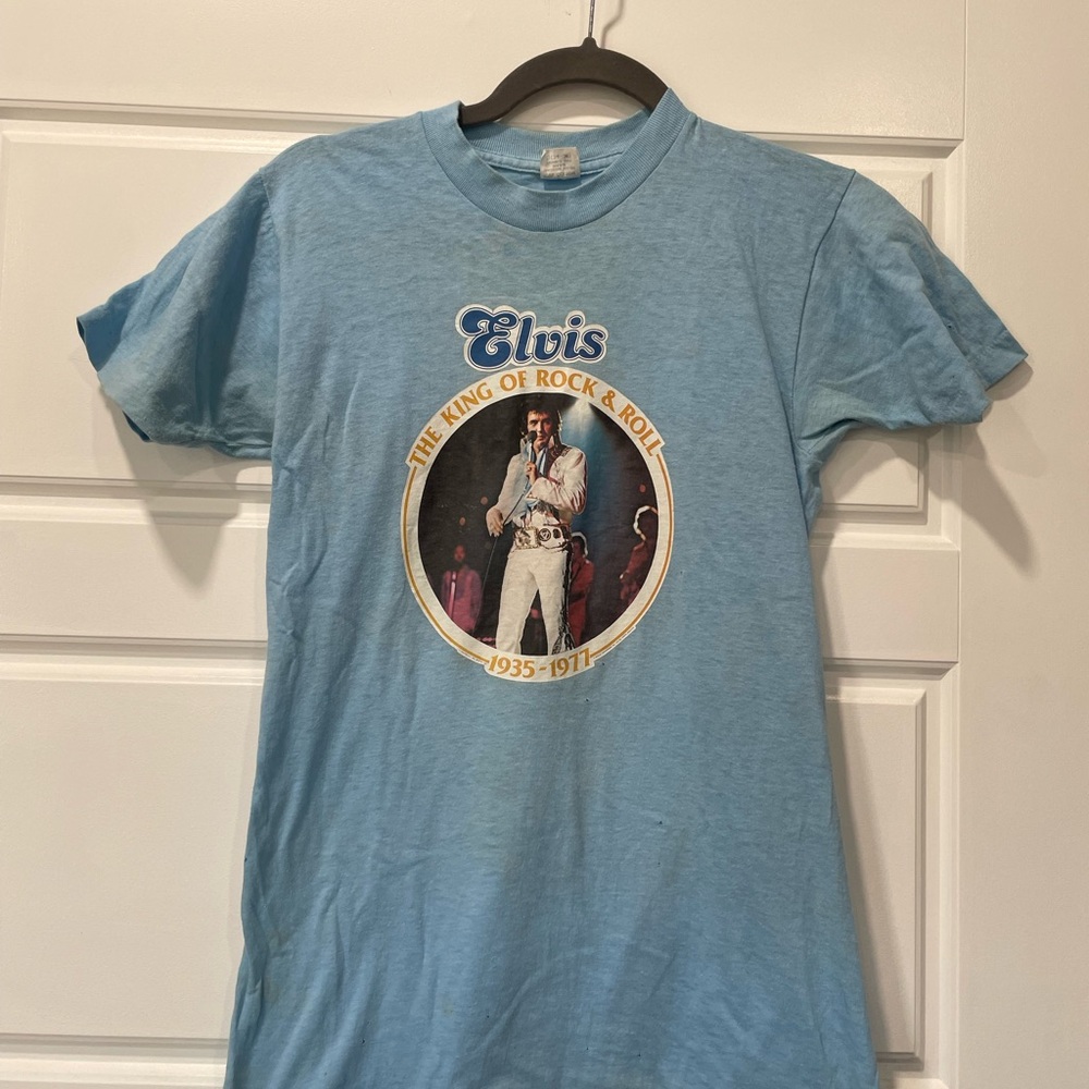 Vintage 70’s Blue Elvis King of Rock & Roll Memorial Tshirt small single stitch